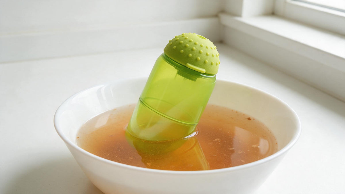 Illustration of a generic low-cost capsule washer in a bowl of rust-colored water