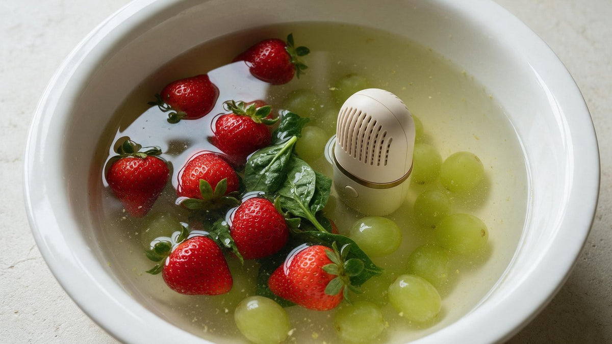 Cloudy water in a bowl of strawberries and grapes after a RYVA Pure cycle