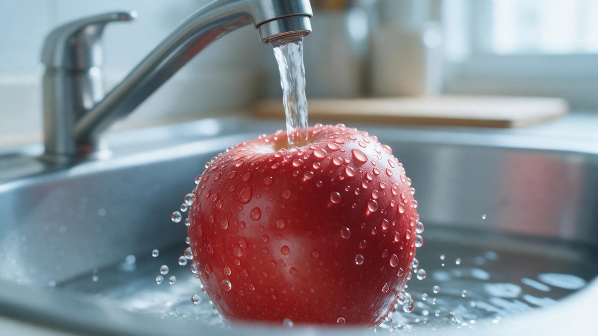 Tap water beading off a waxy apple in a kitchen sink