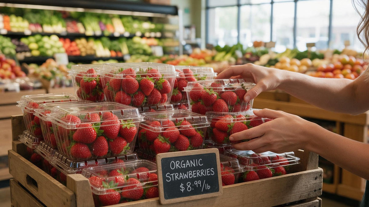 Organic strawberries in a grocery store display
